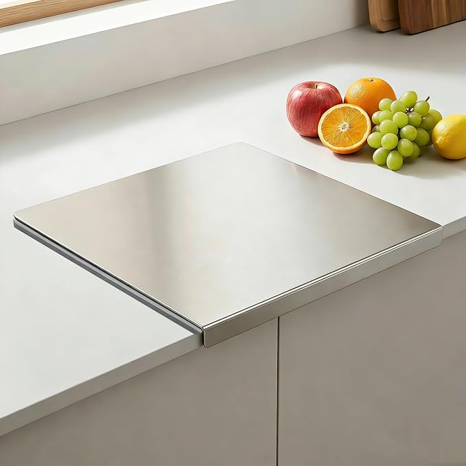 Stainless Steel Cutting Board with Lip and Non-Slip Mat (15.7 × 11.8 in) | Reversible Metal Cutting Board, L-Shaped Lip, Dishwasher Safe, for Meat, Fruit, Vegetables & Bread