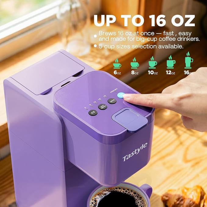 Tastyle Single Serve Coffee Maker Hot and Iced with Bold Brew, Up to 16 Oz | for K Cup and Ground, Fits 7.3'' Travel Mug, 5 Cup Sizes, Compact for Office, RV& Hotel, K320, 3.0 Version, Purple