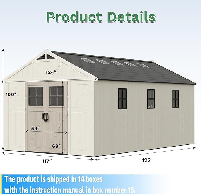 Greesum 10X16FT Plastic Outdoor Storage Shed with Floor and Lockable Door, Resin Sheds with 7-Windows and Multiple Skylights, HDPE Kick-it Shed for Garden, Patio, Backyard, Beige