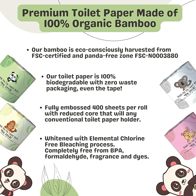 MOTHER EARTH Bamboo Toilet Paper - Ultra Soft & Strong 3-Ply Bath Tissue, 400 Sheets Per Roll, Hypoallergenic & Septic Safe, Mega Rolls, Pack of 3 Rolls