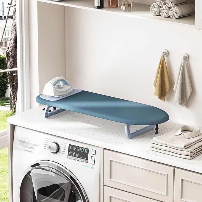 KINGBOARD Tabletop Ironing Board, Small Ironing Board with Iron Mat, Foldable Mini Iron Board, Easy Storage for Travel & Dorm, 12x32 Blue