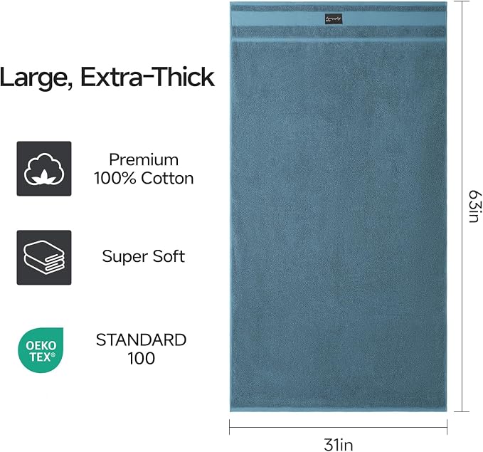 REDKISS 2 Pack Large Bath Towels, 100% Cotton, 31x63 in,Heavyweight 760G, Highly Absorbent & Quick Dry, Super Soft Luxury Shower Towels for Bathroom,Hotel Collection - Blue