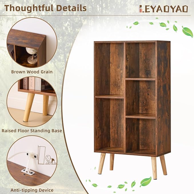 LEYAOYAO 5 Cube Bookshelf, Mid-Century Modern Book Shelf with Legs, Brown | 3 Tier Bookcase, Rustic Wood Bookshelves Freestanding Small Storage Organizer, Open Shelves for Bedroom, Living Room, Office