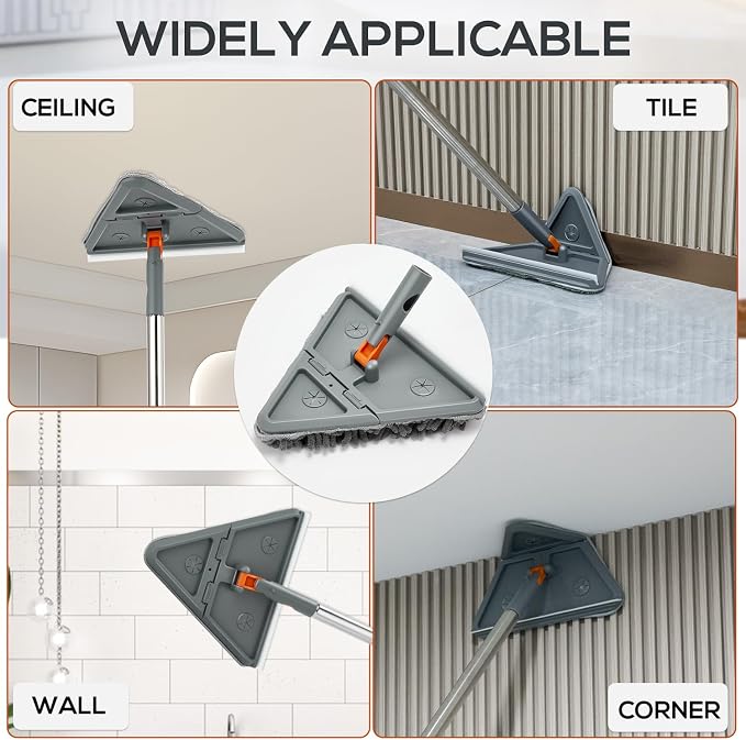 Base Board Cleaner Tool with Handle, 360 Rotating Wall Cleaner Mop, 180 Folding Ceiling Tool Duster with Squeegee for Cleaning Wall, Ceiling, Window, Floor, 8 Replacement Cleaning Pads