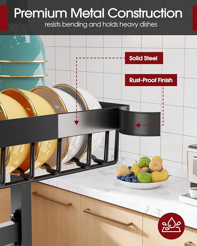 Sakugi Over The Sink Dish Drying Rack - Adjustable 3 Tier XX-Large Capacity Stainless Steel Drainer with Cutlery & Utensil Holders, Kitchen Storage & Organization, 31.5"-39.5"L x 12"W x 30.5"H, Black