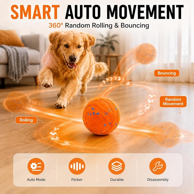 Interactive Dog Toy Ball - Automatic Self-Moving Bouncing Smart Dog Ball with E-TPU Chewproof Material, Motion-Activated 2 Modes, USB Rechargeable, IPX7 Waterproof for Small Medium Large Dogs