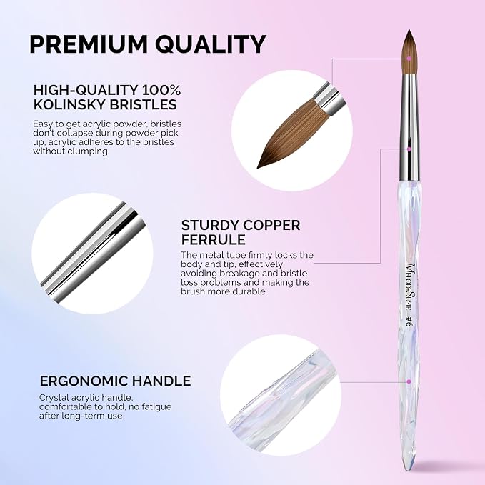 MelodySusie Kolinsky Acrylic Nail Brush, 100% Pure Kolinsky Hair, Professional Nail Brush for Acrylic Powder Nail Extension and 3D Nail Carving, for DIY Home Salon, Size 6