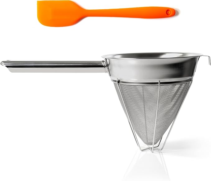 Bouillon Strainer - Stainless Steel Fine Mesh Metal Food Chinois, Cone Separator, Kitchen Colander Sieve for Sauce Jam Jelly Tea, 8" - With Spatula