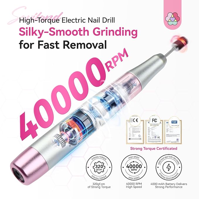 SAVILAND Electric Nail Drill: 40000RPM High-Torque Nail File Quick Removal for Acrylic Nails Easy Operation Portable Nail Drill for Beginner Home DIY Nail Art Manicure Pedicure