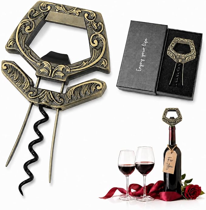 Wine Couple 3 in 1 Wine Bottle Opener, Ah So Two Prong Corkscrew (Bronze) | For old fragile corks, beer caps and vintage bottles. Black gift box for wine lovers, collectors and gifting