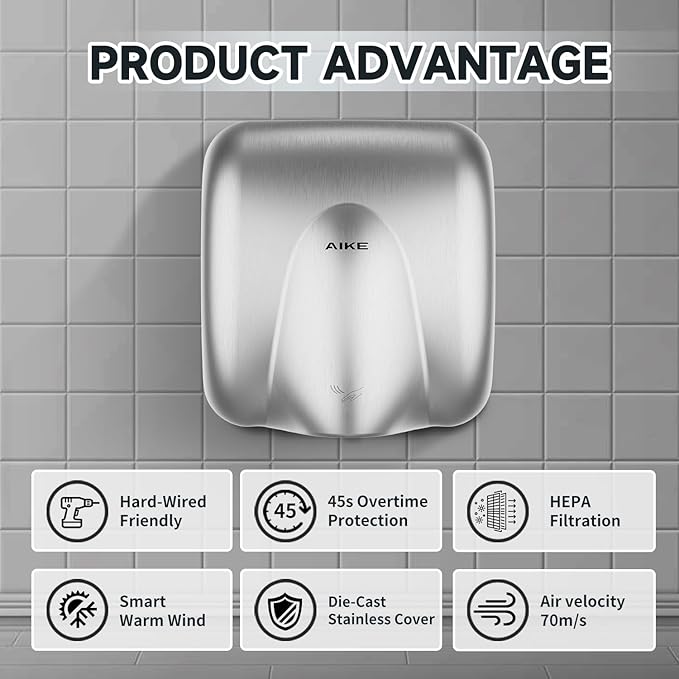 AIKE Heavy Duty Hand Dryer Hard-Wired Friendly 110V High Speed Brushed Stainless Finish Model AK2811