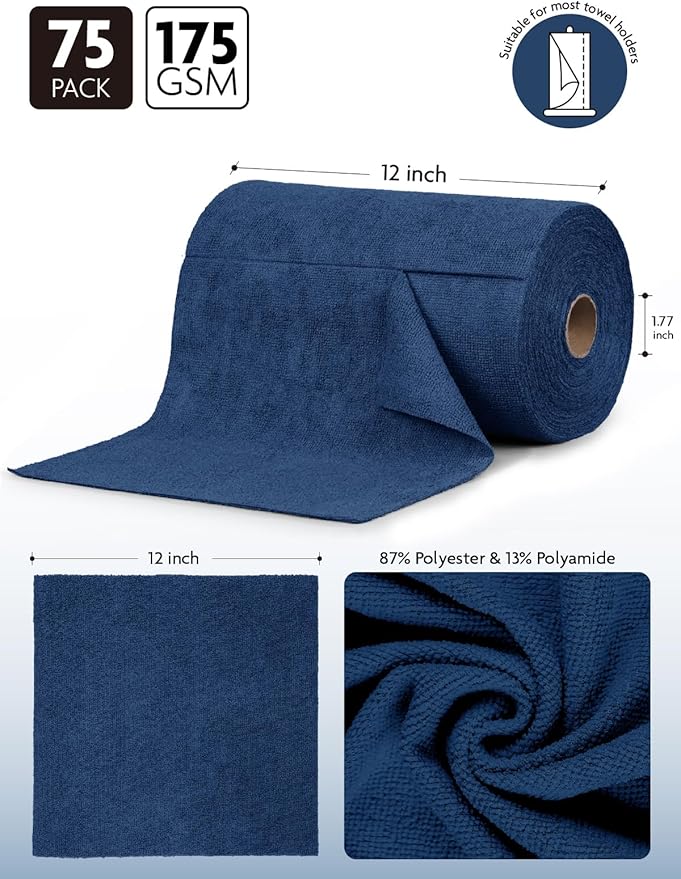 Fantasticlean Microfiber Cleaning Cloth Roll -75 Pack, Tear Away Microfiber Towels, 12" x 12", Reusable, Washable, Scratch Free, Ultra Absorbent for All-Around Cleaning Supplies (Navy Blue)