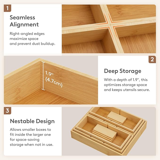 Lifewit Drawer Organizers 10 Pack(22 Grid) with 12 Inserts, Adjustable Bamboo Wooden Drawer Dividers, Stackable Storage Box for Utensils, Silverware, Makeup, Junk in Kitchen/Bathroom/Office/Vanity