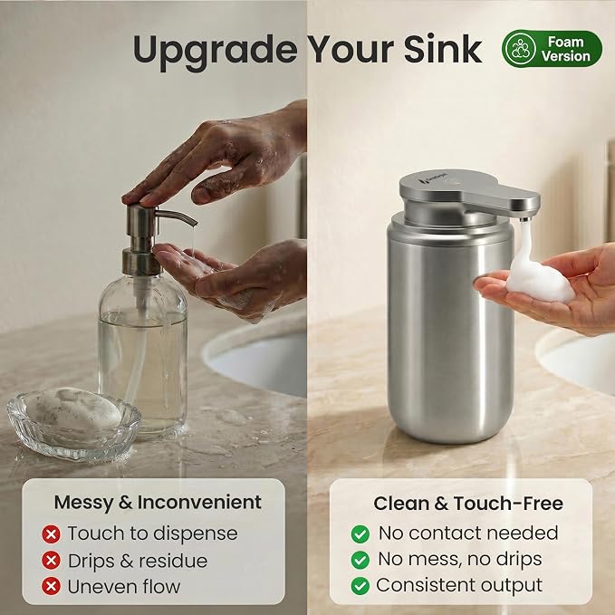 GentleJet WaveJet Automatic Foaming Soap Dispenser Touchless Sensor, USB-C Rechargeable, 304 Stainless Steel, IPX5 Waterproof for Bathroom Kitchen Sink, 12 oz / 350 ml