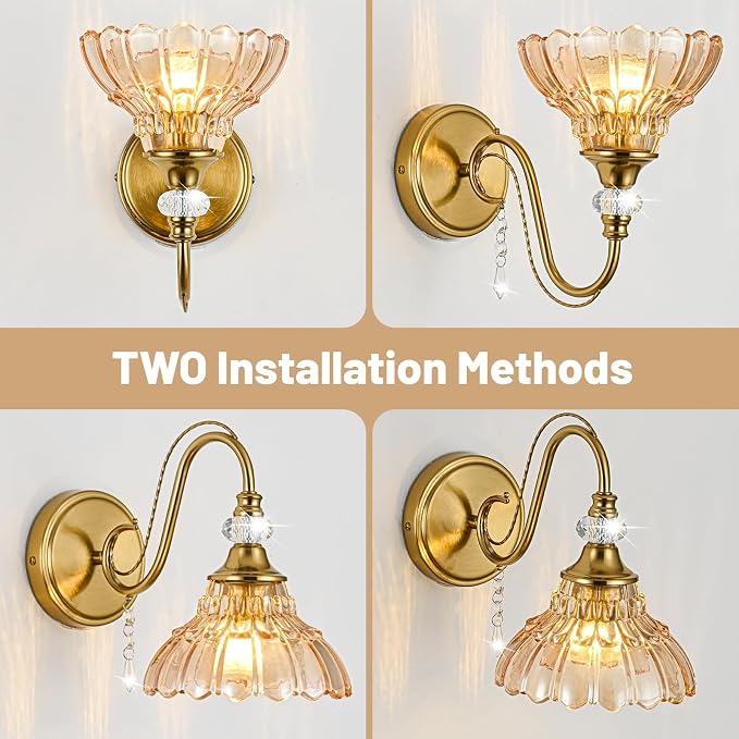 1 Piece Vintage Wall Sconce, 1-Light Brushed Gold Finish Wall Sconce with Hanging Crystal Accents and Flower-Shaped Amber Shades for Bathroom Bedroom Living Room,Vintage Vanity Light