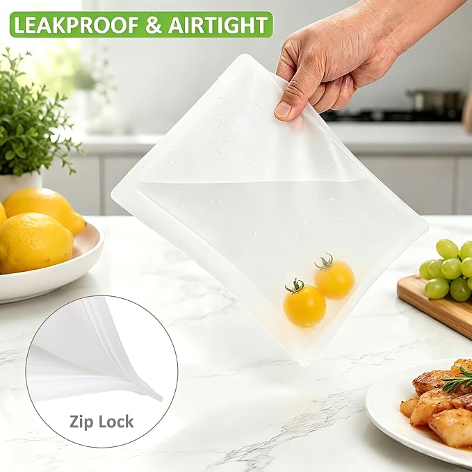 Reusable Sandwich Bags & Snack Bags Set, 8 Pack, 100% Silicone Reusable Storage Bag, Soft Shell Ziplock Silicone Food Storage Containers, Freezer Microwave Oven Dishwasher Safe, Translucent