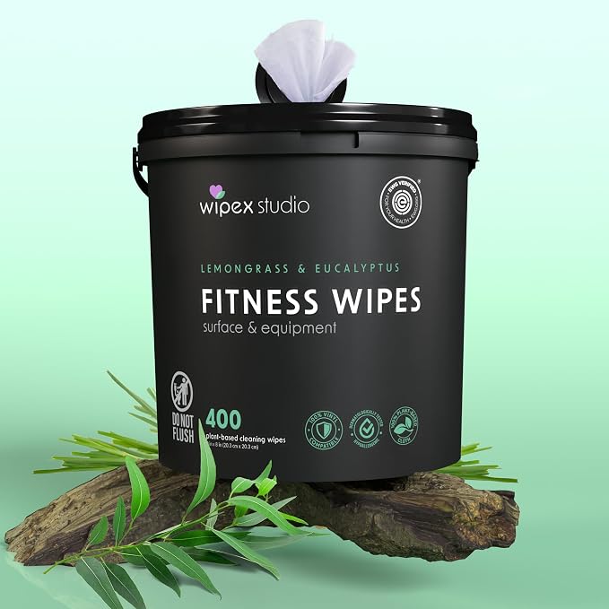 Wipex Gym Plant-Based Wipes, EWG Verified, Natural Surface & Equipment Cleaning with Lemongrass, Eucalyptus & Vinegar for Home or Fitness Studio, Yoga Mats, Peloton Bikes, 400 Count (Pack of 2)