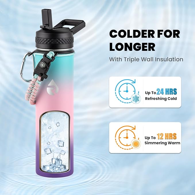 RAYMYLO Insulated Water Bottle 24 oz, Triple Wall Vacuum Stainless Steel (Cold for 24Hrs, Hot for 12Hrs), Leak Proof & Non-BPA, Modern Water Flask Jug with Paracord Handle & Straw Spout Lids