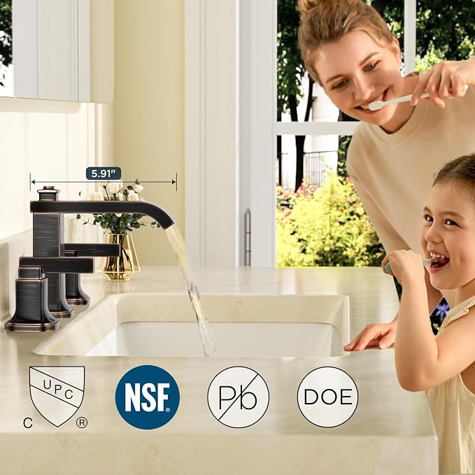 FORIOUS 3 Hole Oil Rubbed Bronze Bathroom Faucet,8 Inch Widespread Bathroom Vanity Faucets with Metal Pop Up Drain, Unique Waterfall Design