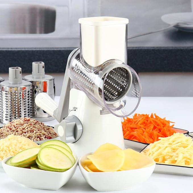 Cambom Rotary Cheese Grater Hand Crank Cheese Shredder for Fresh Cheese, Vegetable, Nuts,Non-slip Suction Base,Three Blades,White