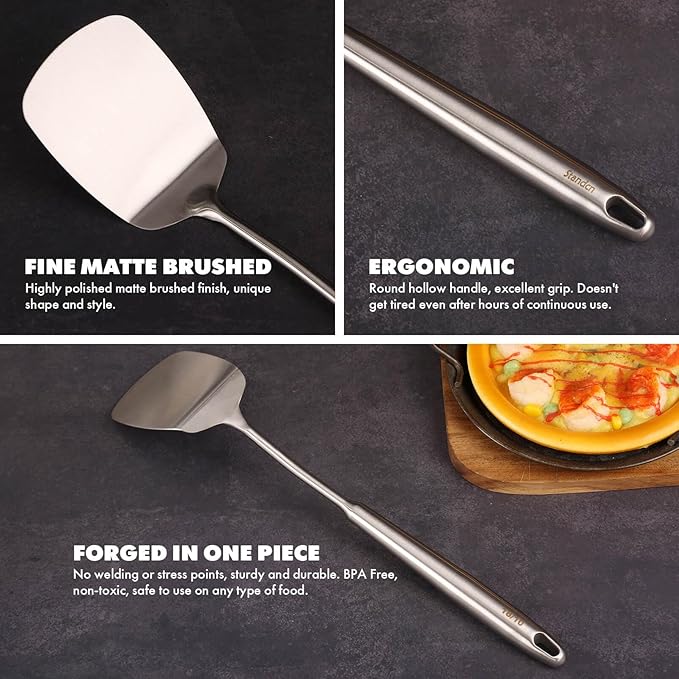 18/10 Stainless Steel Cooking Utensils Set - 16 PCS All Metal Utensils | Kitchen Tools - Whisk, Masher, Fork, Tong, Solid Slotted Spoon, Spatula, Turner, Ladle, Skimmer, Pasta, Small Large Spoon Set