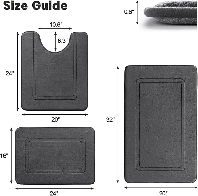 YIHOUSE Memory Foam Bath Mat Set, Non Slip Bath Mats for Bathroom, Super Soft and Water Absorbent Bath Rug Set, Machine Washable U Shape Toilet Mats, Dark Grey