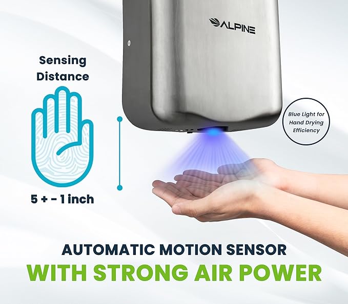 Alpine Hemlock Hand Dryer for Bathroom - Heavy Duty Stainless Steel, Commercial High Speed Hot Air Hand Blower | 1800Watts | 110-120Volts | Quick & Easy Installation - 5 Years Coverage