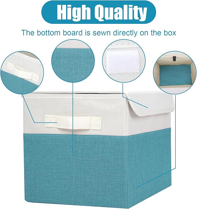 Bagnizer Large 22 Quart Linen Fabric Foldable Storage Bin Cube Organizer Basket with Flip-Top Lid & Handles, Clothes Blanket Box for Home, Office, Closet, Teal & White, 4 Pack 14.6 x 9.5 x 9.5