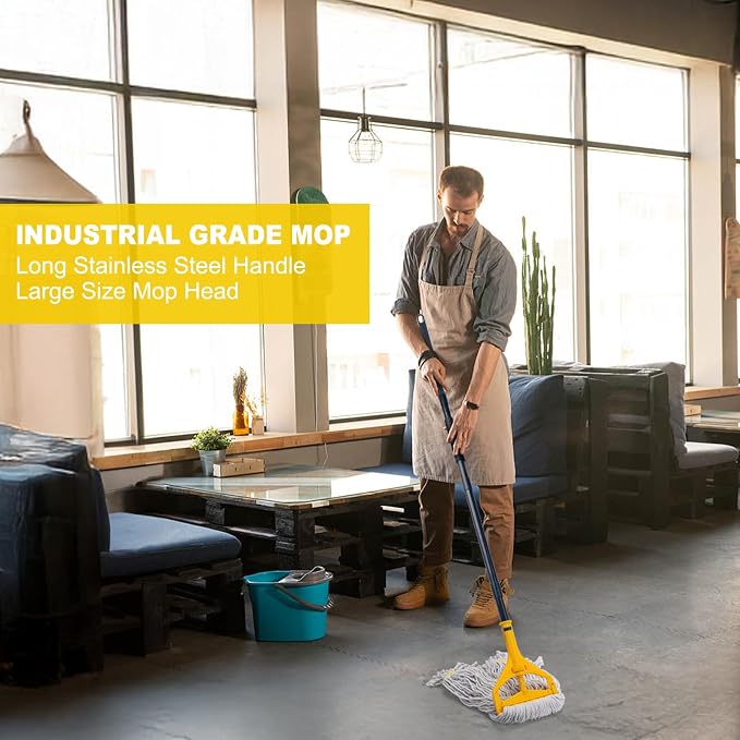 Commercial Mop with 3 Extra Large Replacement Heads,59" Long Handle Heavy Duty Industrial Mops for Floor Cleaning,Looped-End String Wet Cotton Mop for Home,Kitchen,Office,Garage,Concrete/Tile Floor