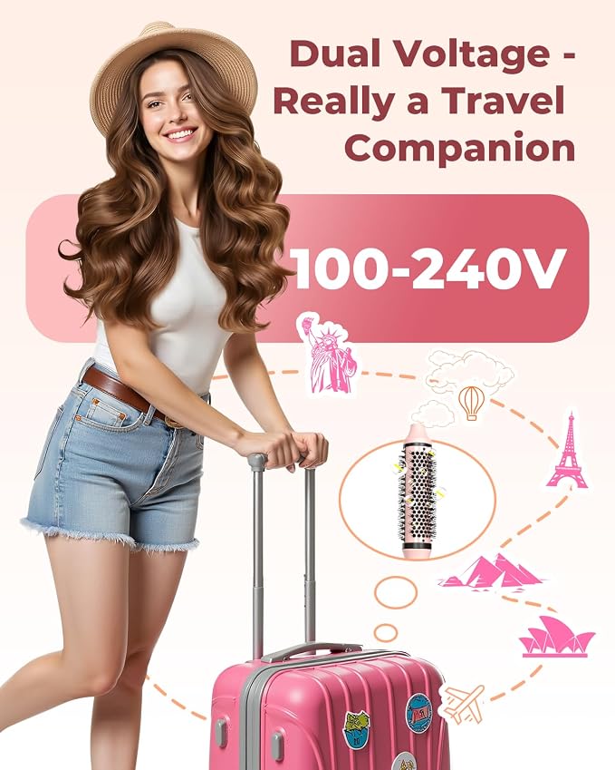 Bopcal Dual Voltage Thermal Brush, 1.5" Heated Round Brush for Smooth Blowout Look, Hot Brush for Volume, Soft Curls & Polished Ends, Negative Ions, 6 Heat Settings, Auto Shut-Off