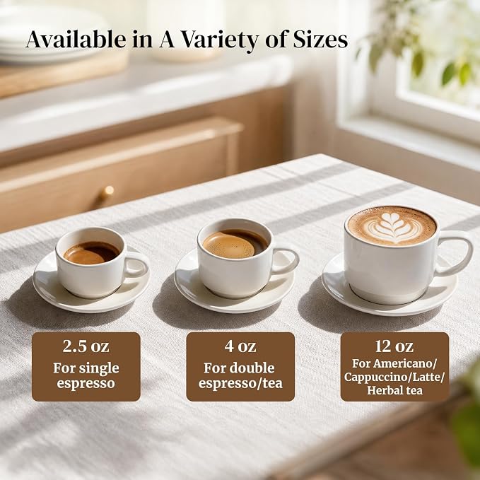DOWAN 2.5 OZ Stackable Espresso Cups, Porcelain Coffee Cups with Saucers Set of 4, White Espresso Shot Cup, Tea Cups for Home, Office and Cafe Use