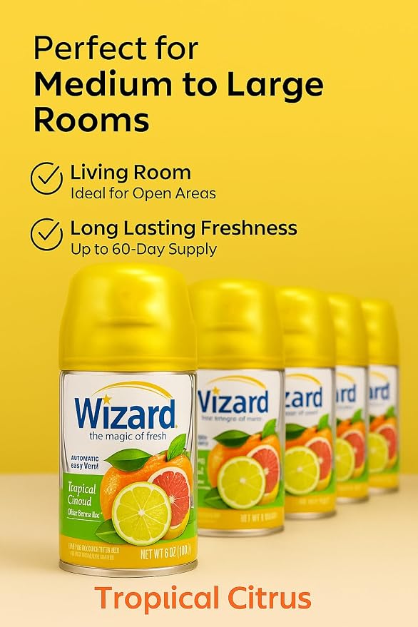 Wizard Automatic Spray Refill – Tropical Citrus, 5 oz (12 Pack) | Compatible with Air Wick Freshmatic & Glade Dispensers | Long Lasting Odor Neutralizer for Home & Office