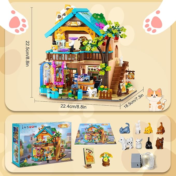 INSOON City Pet Shop Building Set with Lights for Adults Kids Boys Girls 8+ | 1431 PCS Cozy Pet Construction Toy with Cats Dogs, Cute Animal Store Miniature House Model Building Block Kit for Home Decor