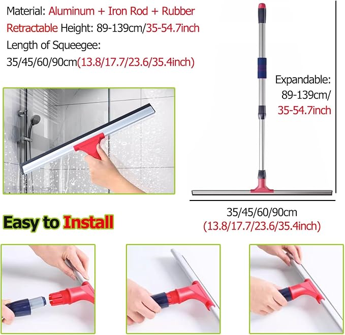 14 18 24 36 Inch Long Squeegee Window Cleaner 2 in 1, Portable Reusable Window Cleaning Tool Kit/ Window Washer, with 1 Telescopic Rod, for Shower Glass Door/ Mirror ( Size : 45cm/17.7inch long Squeeg
