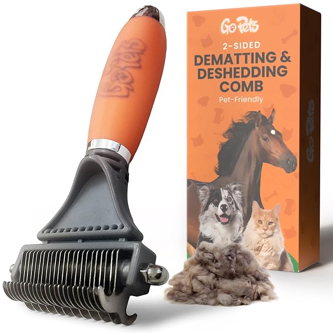 GoPets 2-in-1 Dematting Comb for Dogs, Pet Grooming Rake, Double-Sided Dog Brush for Shedding, Deshedding Brush for Cats, Undercoat Mat Dematting Tool for Long Haired Cats, Grooming Matting Hair
