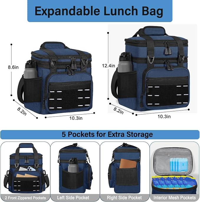 Lunch Box Cooler Bag - Insulated Tactical Lunchbox for Men - Large Lunch Pail Kit for Adults Work Outdoor Shifts Trips Blue 16L