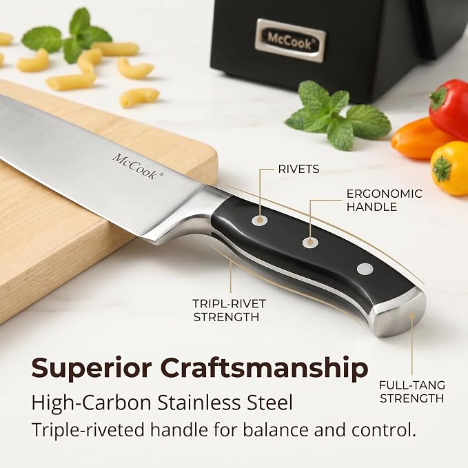 McCook Kitchen Knife Set 20PC Knife Block Set w Built-in Sharpener | German Forged Stainless Steel,Razor Sharp, Anti-Rust,Triple Rivet,Restaurant Grade,Ergonomic Handle,Full Tang,Gift Box