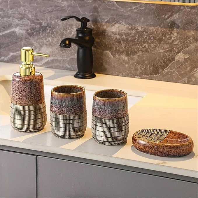 Bathroom Soap Dispenser Set Bathroom Accessories Retro Kiln Pattern Ceramics Hand Sanitizer Bottle Drain Soap Dish Mouthwash Cup Set Four-piece