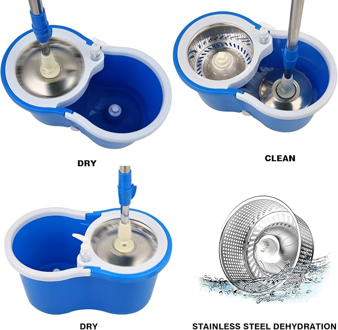 Spin Mop and Bucket with Wringer Set, 6 Mop Refills, 61" Handle (2 Sets) | 360° Spinning Mop System with Stainless Steel Extended Handle & 6 Microfiber Refills for Floor Cleaning