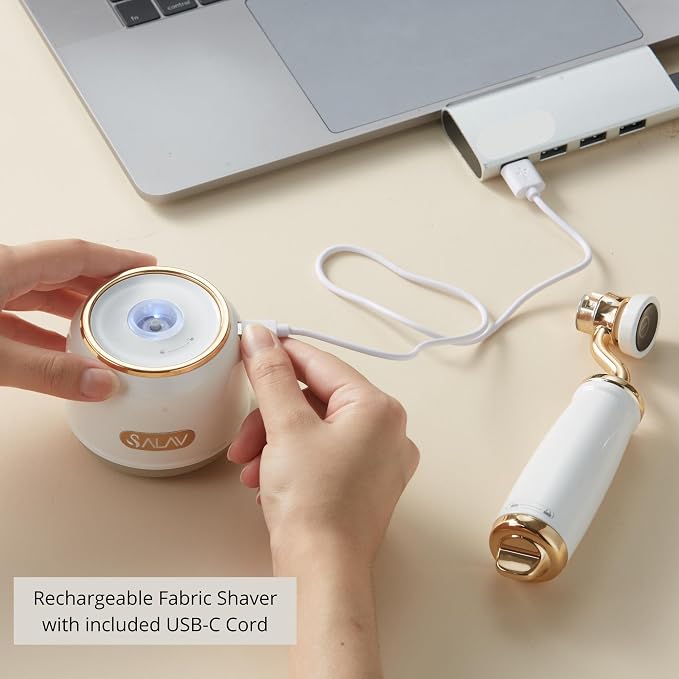 SALAV® Retro Edition Rechargeable Fabric Shaver and Lint Roller with 6-Blade System Removes Fuzz and Piling on Fabrics, with Charging Cable and Mini Brush (Pearl)