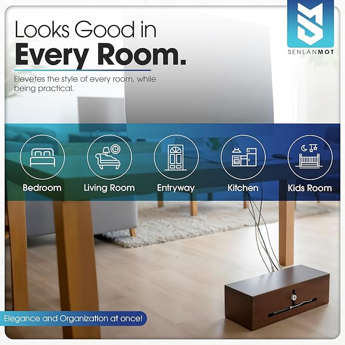 Wooden Cable Management Box – Modern Wire Organizer Box & Power Strip Cover for Home or Office | Large Cable Hider for Wires, Chargers & Extension Leads – Home Organization Storage