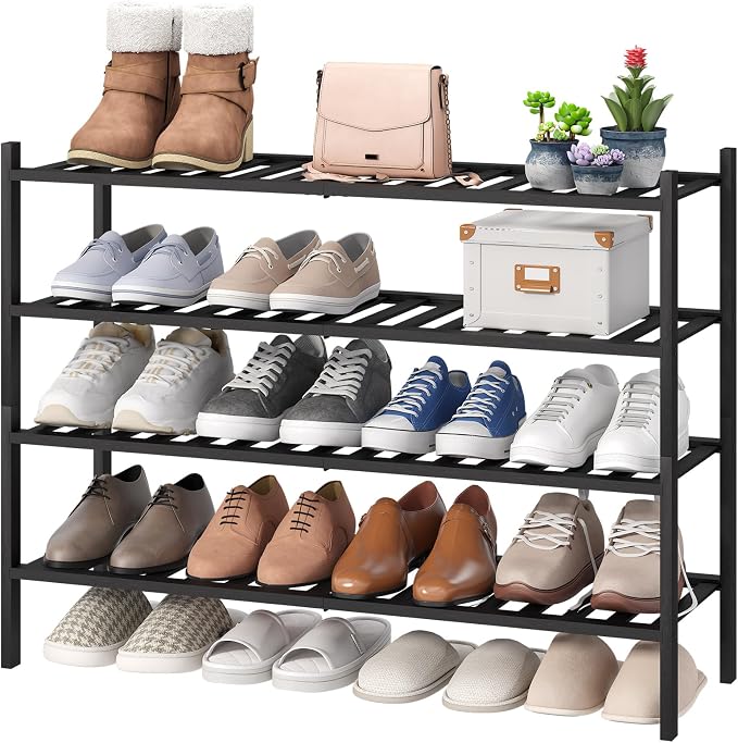 viewcare Black 4-Tier Long Shoe Rack, Bamboo Wood, 33-Inch