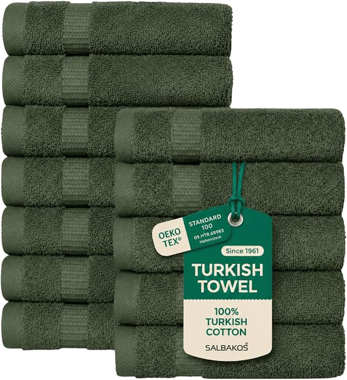 SALBAKOS 12-Piece 100% Turkish Cotton Washcloths and Face Towels, Green | 13x13 in Standard Size Small Towel, Multi-use Bathroom & Kitchen, Thick Super Soft Absorbent Durable, Oeko-Tex Made in Turkey