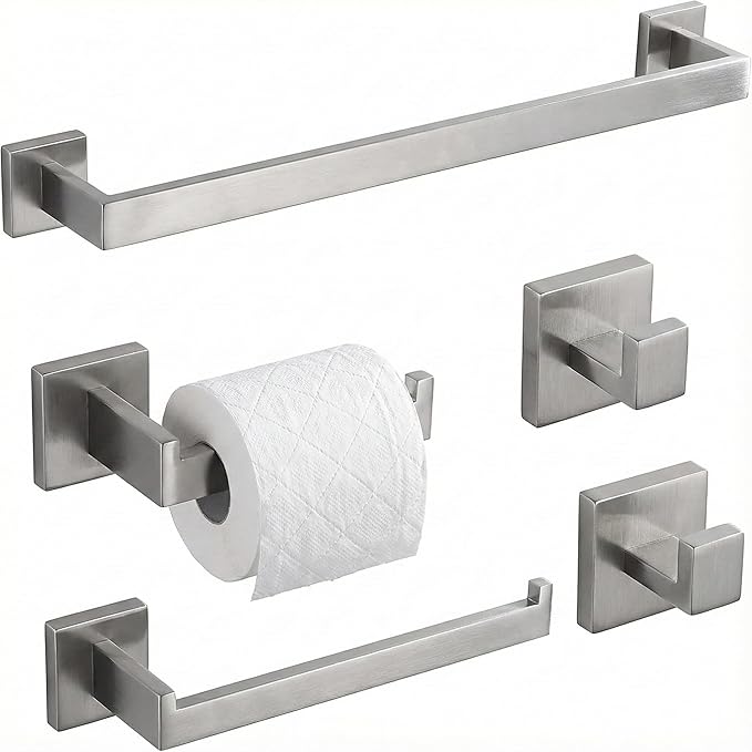 5 Piece Bathroom Hardware Set Brushed Nickel, SUS304 Stainless Steel Towel Bar Set, Modern Square Accessories with 16 Inch Rack Toilet Paper Holder Robe Hooks (Brushed Nickel)