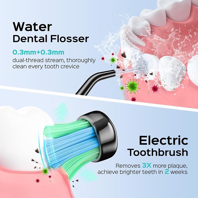 COSLUS C20C41 Water Flosser Electric Toothbrush Combo, 2-1 Oral Clean Kit | Brushing & Flossing for Teeth & Braces Cleaning, Gums Care, Portable Travel Use, Gift for Family, Adults, BPA-Free, Black