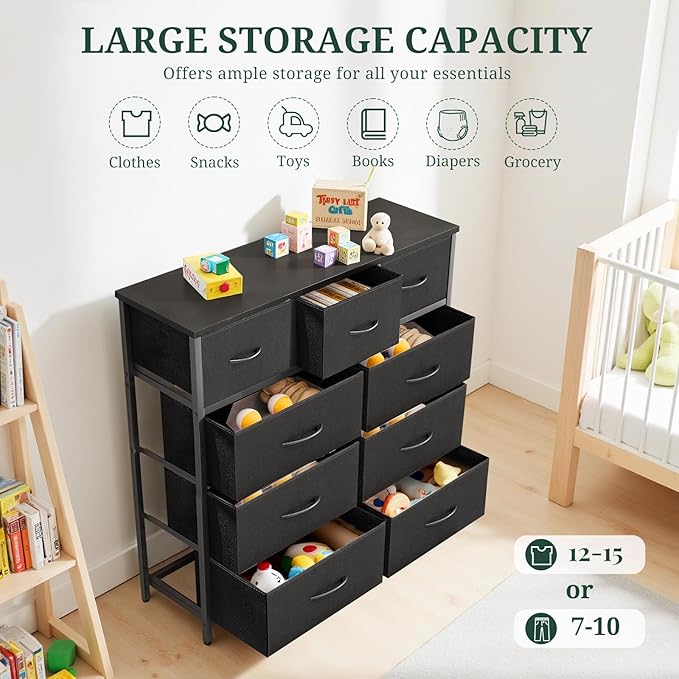 9-Drawer Dresser for Bedroom, Anti-Tip Tall Storage Organizer Chest of Drawers with Wooden Top and Metal Frame Fabric Bins for Closet, Living Room, Hallway, Entryway, Black