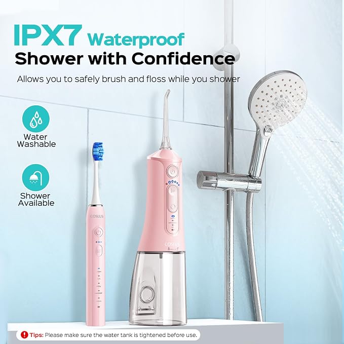 COSLUS C51C30 Water Flosser Electric Toothbrush Combo, 2-1 Oral Clean Kit | Portable Brushing & Flossing for Teeth & Braces Cleaning, Multiple Modes for Family Use, Cordless for Home & Travel, Pink
