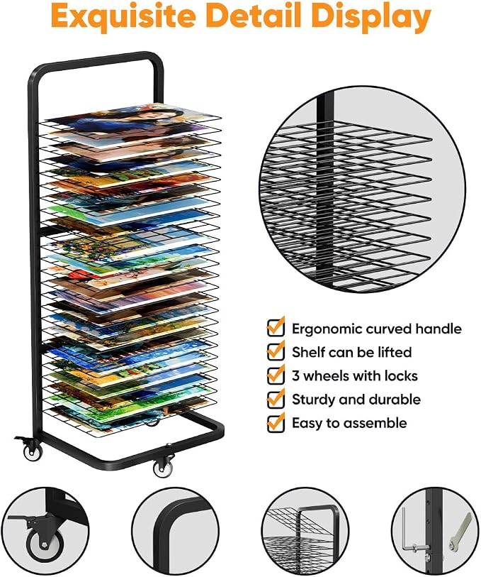 Art Drying Rack with 25 Removable Shelves, Mobile Metal Paint Drying Stand with Lockable Wheels, Functional Canvas Rack Art Storage for Artwork in Classrooms, Art Studios and Schools, Black