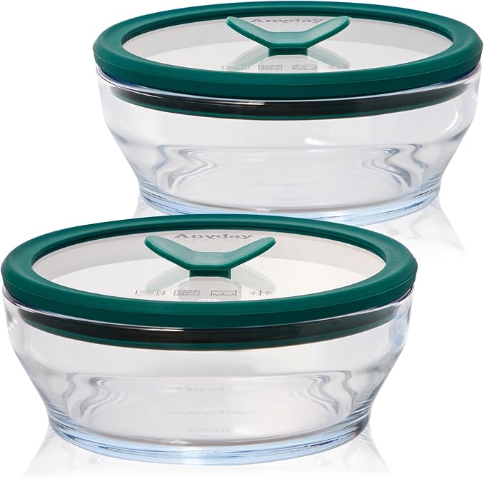Anyday 2-Pack 2-Cup Glass Food Storage Set (Clear Kale) | Glass Lids, Plastic-Free Meal Prep Set, Stackable Airtight Storage Container, Vented Lid for Microwave-Safe Reheating