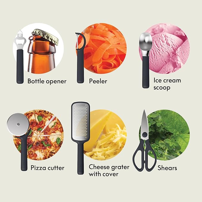 bella 7-Piece Modular Gadget Set, Grater, Pizza Cutter, Ice Cream Scoop, Peeler, Shears, Bottle Opener, Crock with removable divider, Dishwasher Safe, Slate